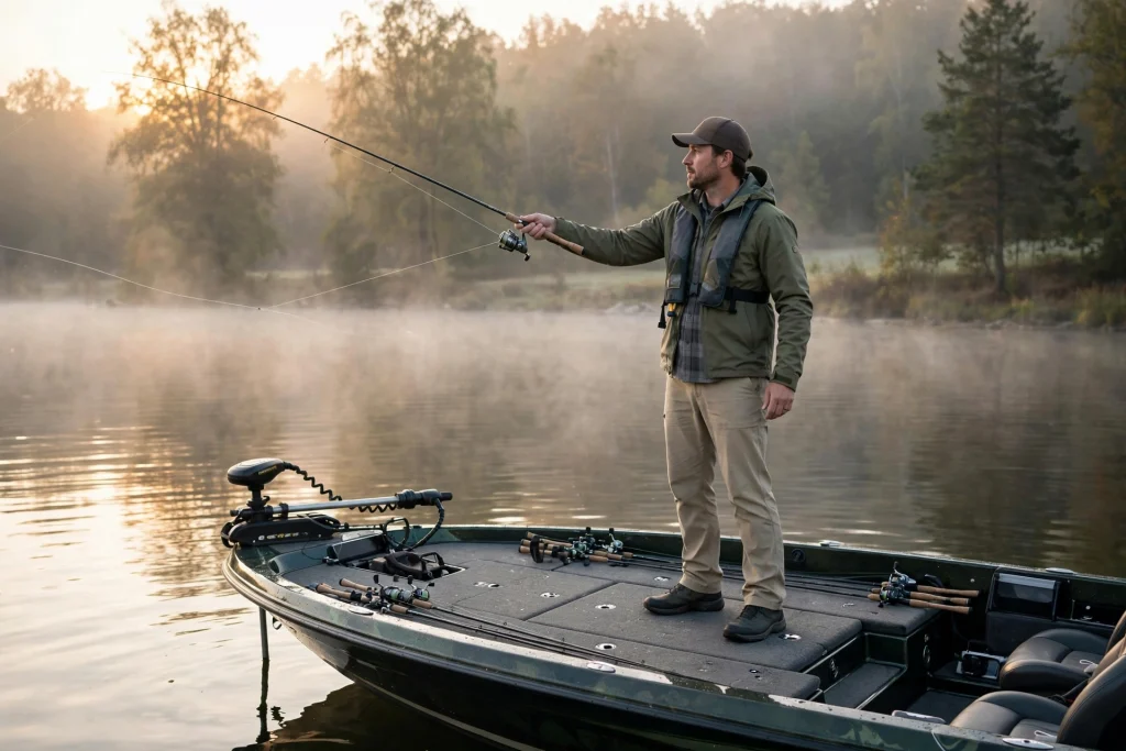 Angler casting from the front deck of a bass boat at dawn