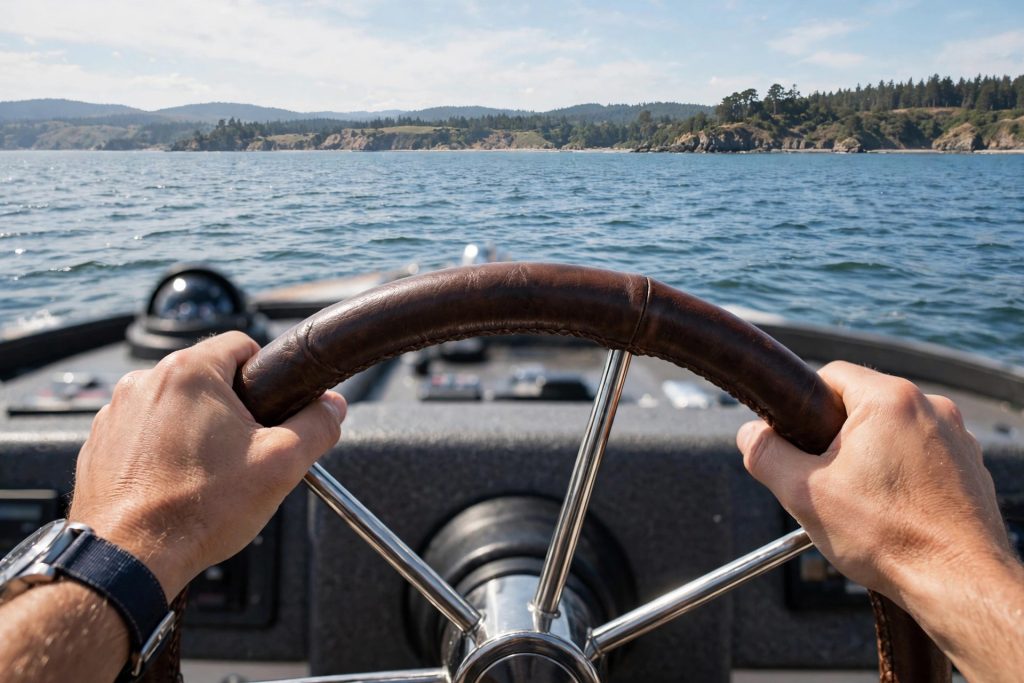 Close-up of a boat steering wheel at the helm