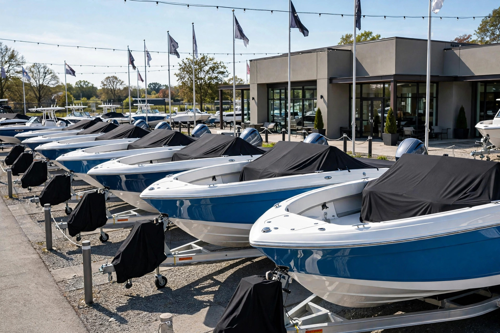 New motorboats lined up for sale at a boat dealership