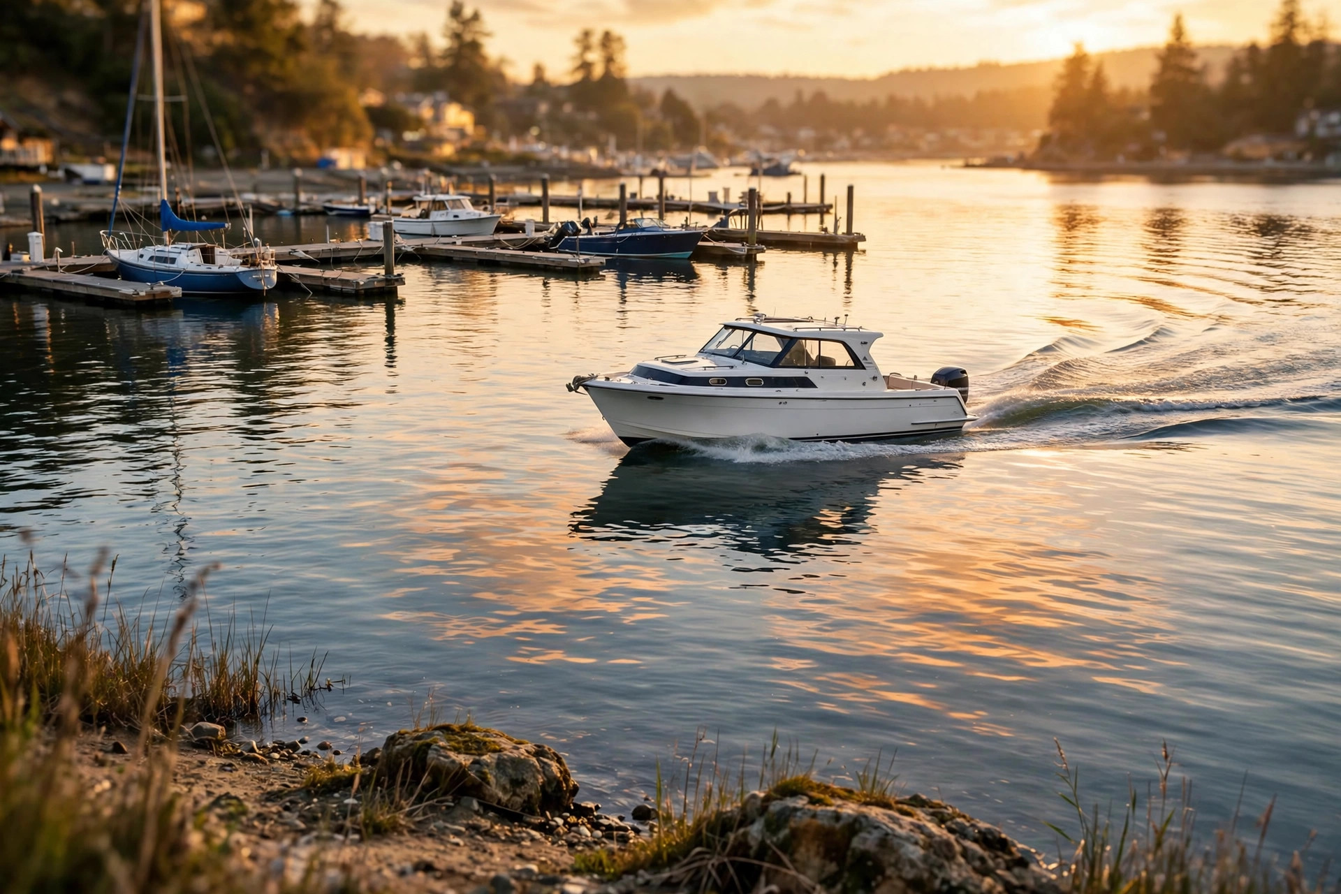 Motorboat cruising near a marina at sunset