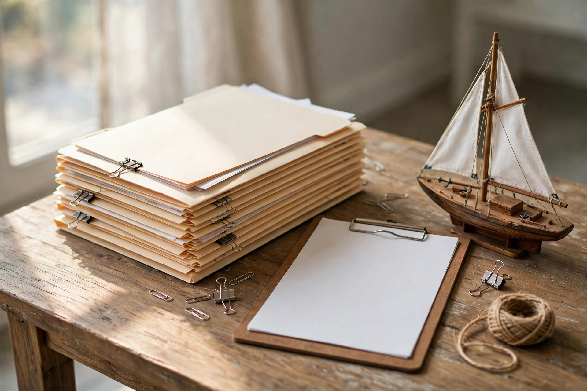 Boat loan documents and checklist on a desk next to a model sailboat
