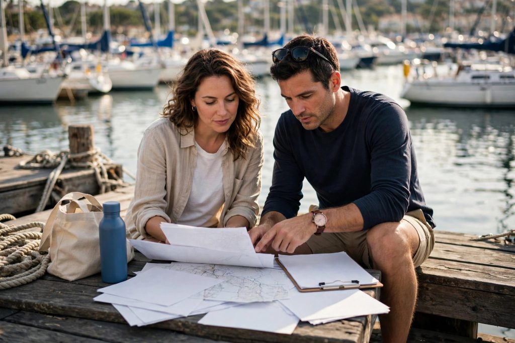 Couple reviewing boat loan documents at a marina