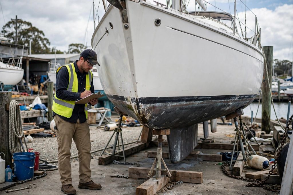 Marine surveyor inspecting a boat hull for a loan valuation