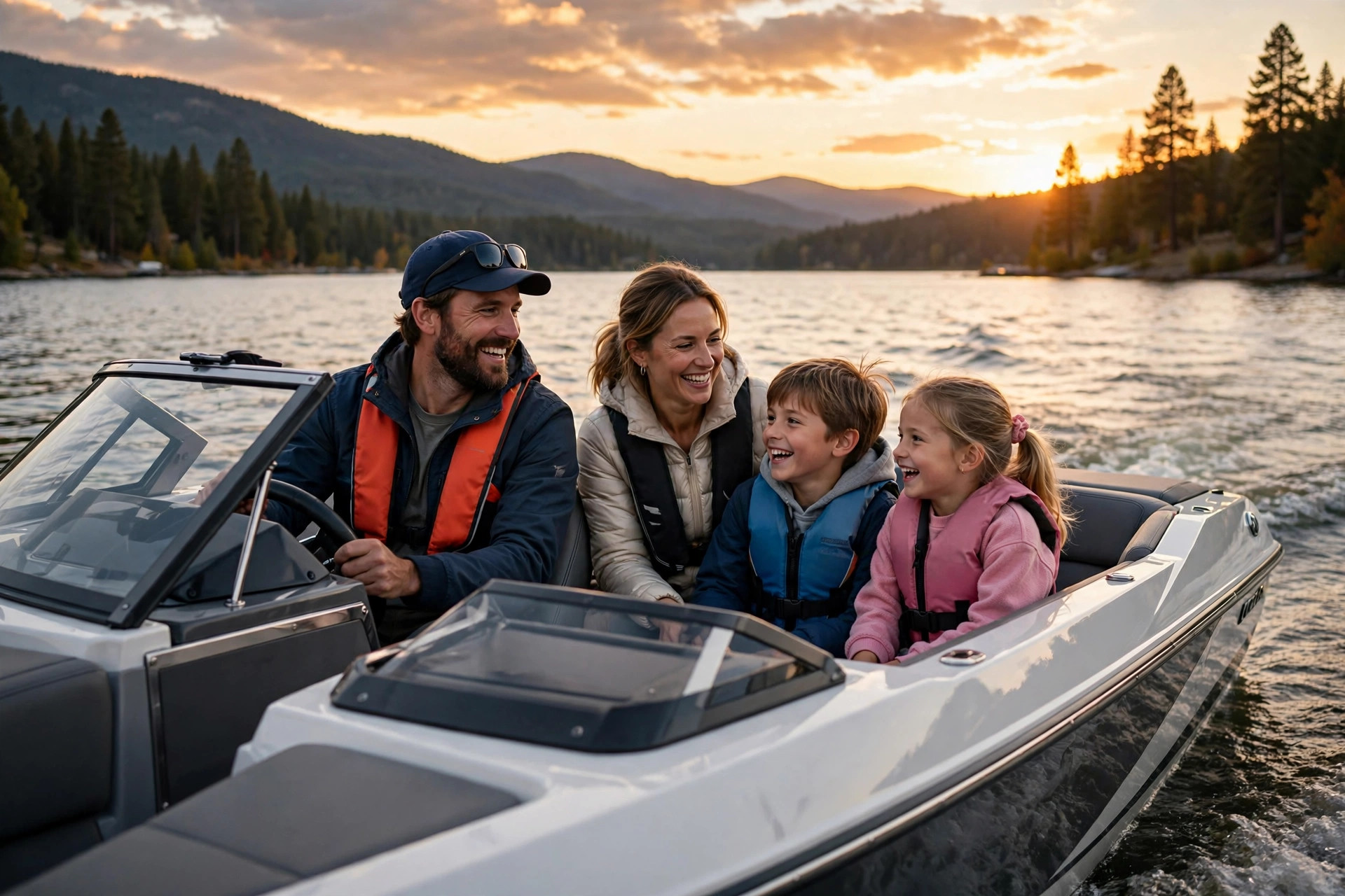 Family enjoying a ride on a motorboat at sunset