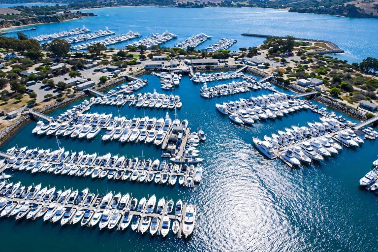 Aerial view of a marina full of boats