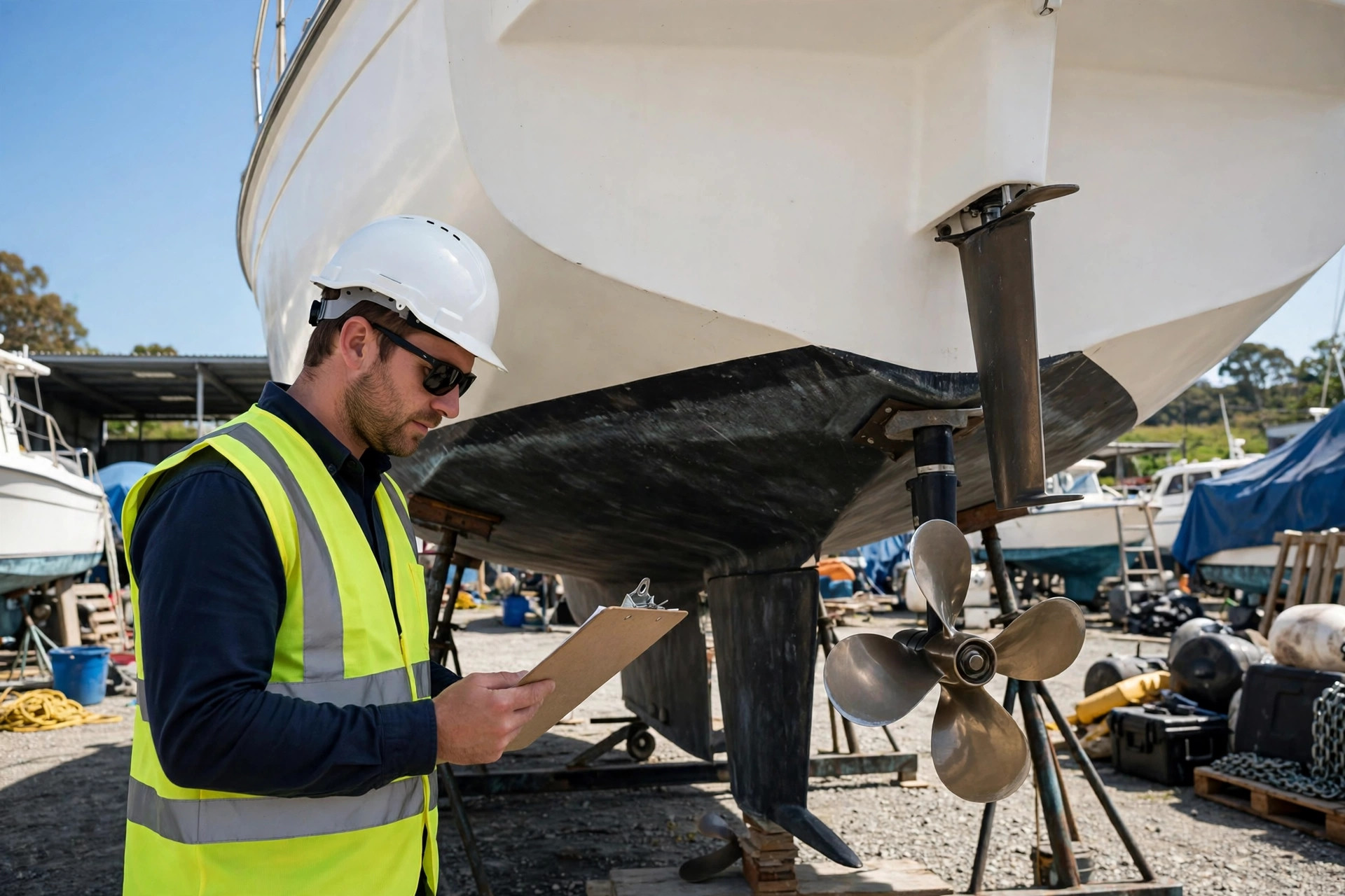 Marine surveyor inspecting a boat hull hauled out in a boatyard