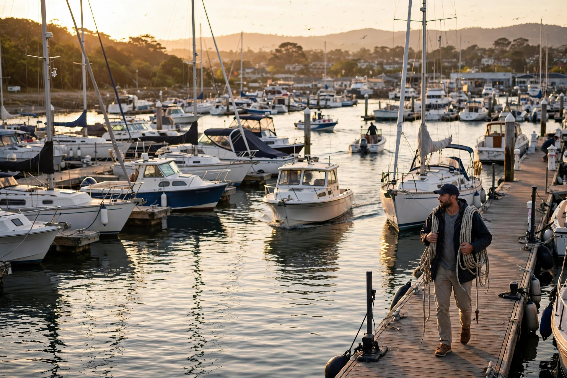 Boats returning to their slips at a coastal marina at golden hour