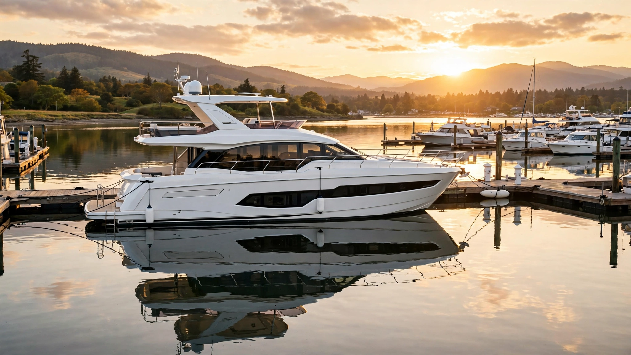 Motor yacht at a marina at sunset - compare boat loan offers