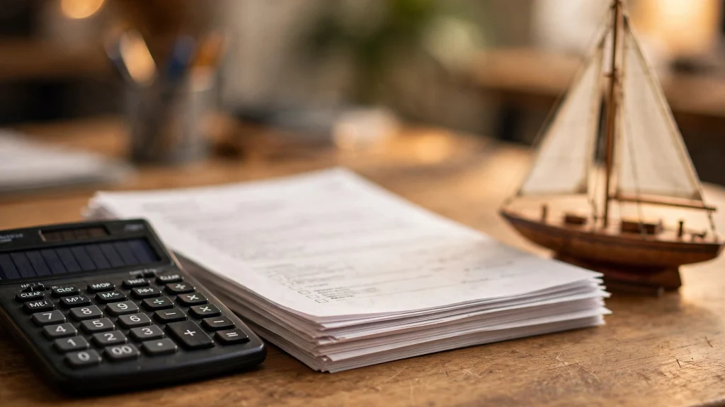 Calculator and loan offer documents on a desk with a model sailboat - comparing boat loan offers