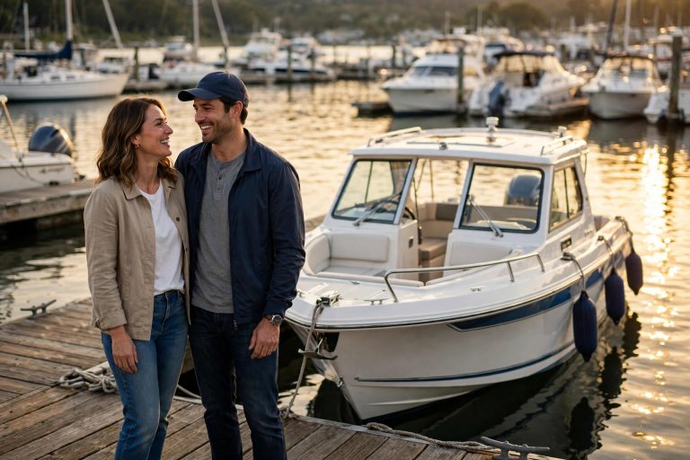 Couple standing beside their newly purchased family boat at a marina