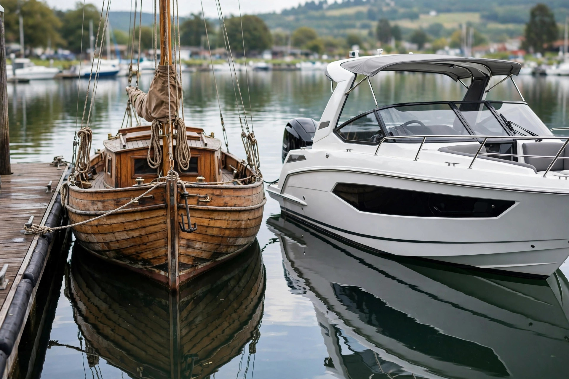 Classic wooden sailboat next to a modern motorboat