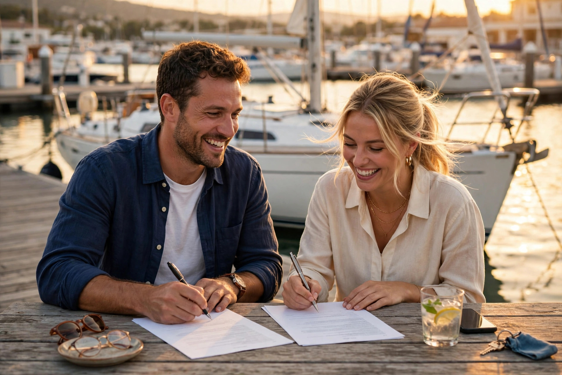 Smiling couple on a sailboat at a marina at sunset