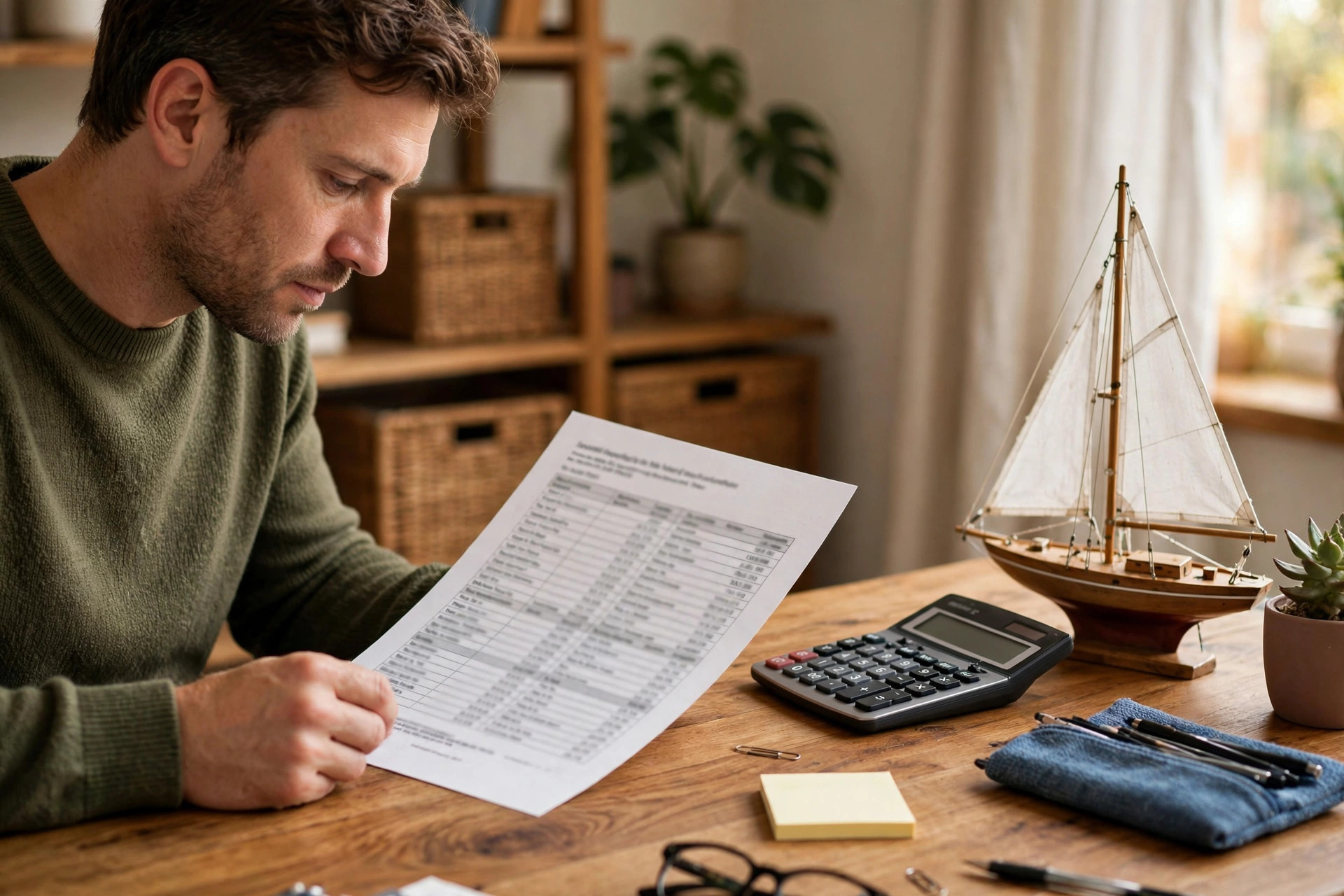 Person reviewing a boat loan amortization statement with a calculator