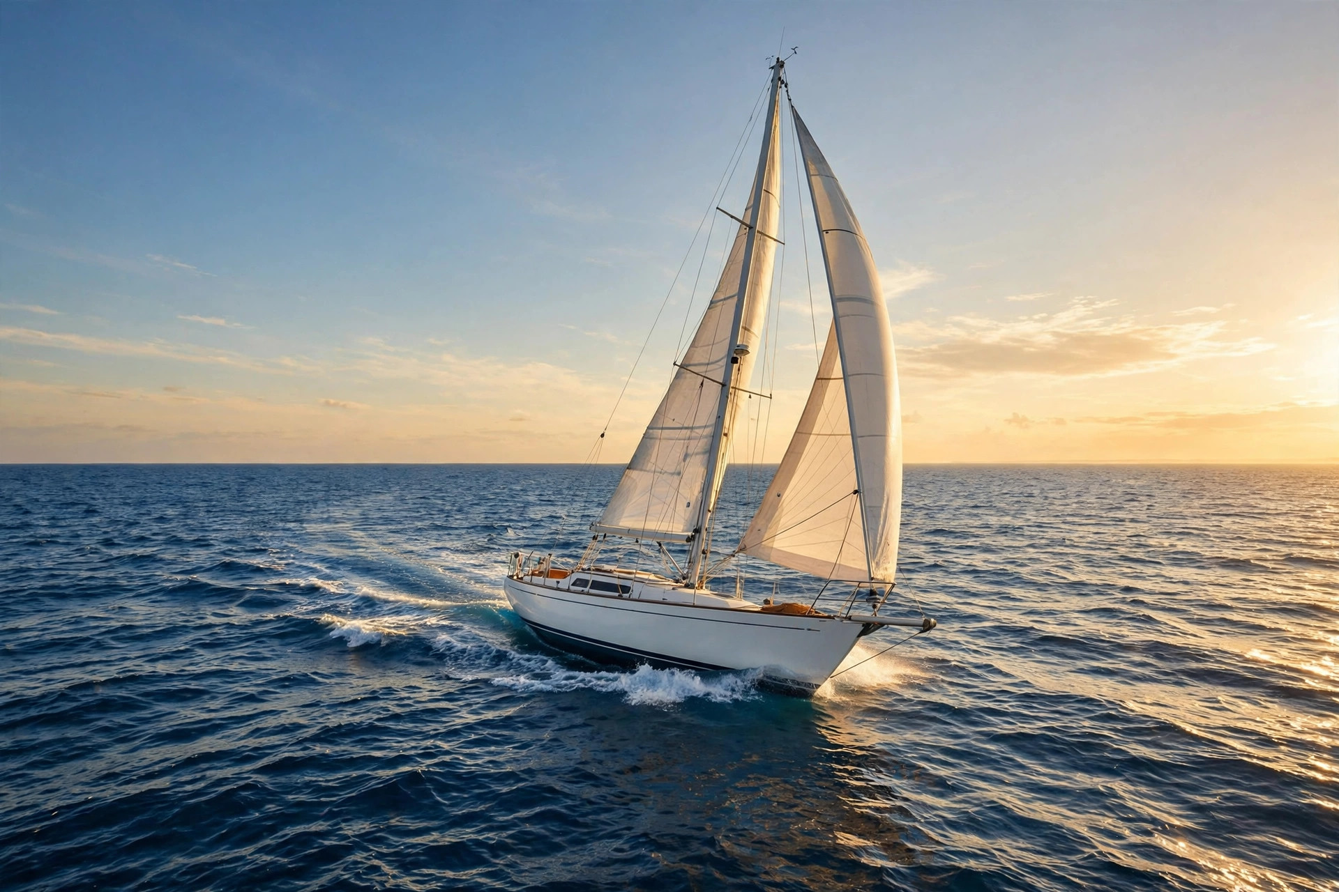 Sailboat cruising freely on open water at golden hour