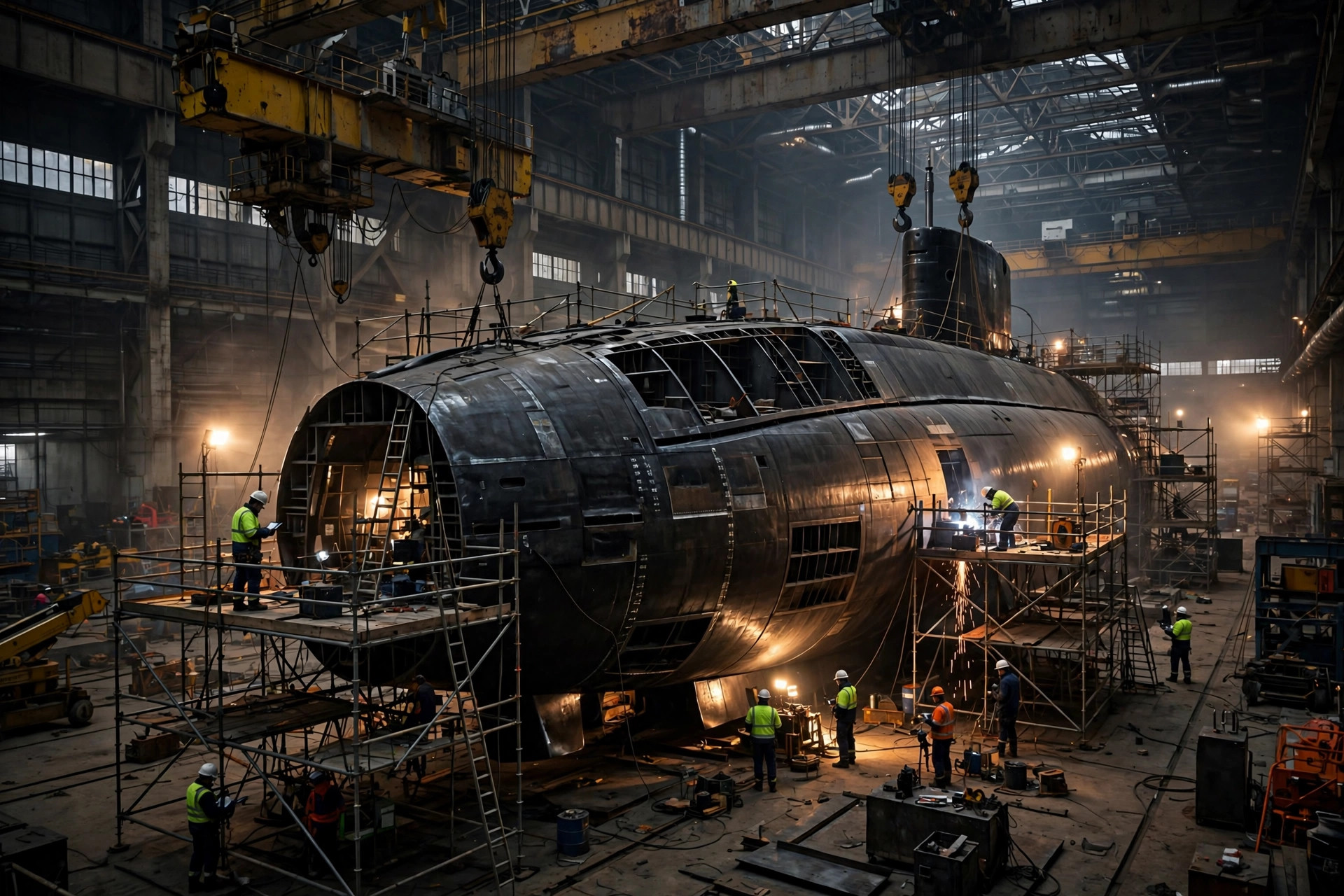 Nuclear submarine under construction in an industrial shipyard hall