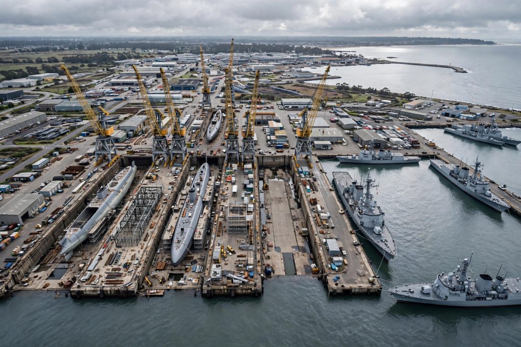 Aerial view of a naval shipyard with submarine sections and cranes