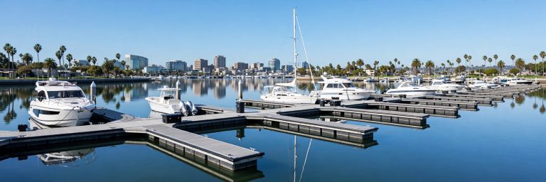 Newly rebuilt marina docks with moored pleasure boats on a sunny day