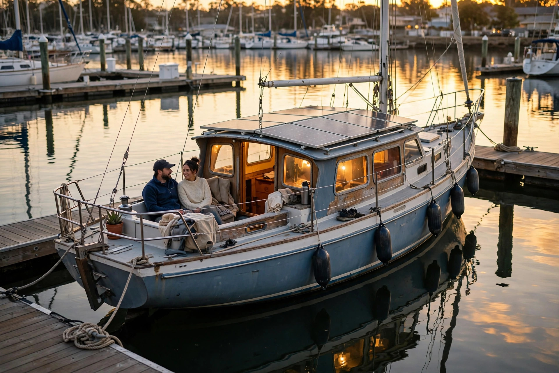 Sailboat used as a liveaboard home at a marina at sunset