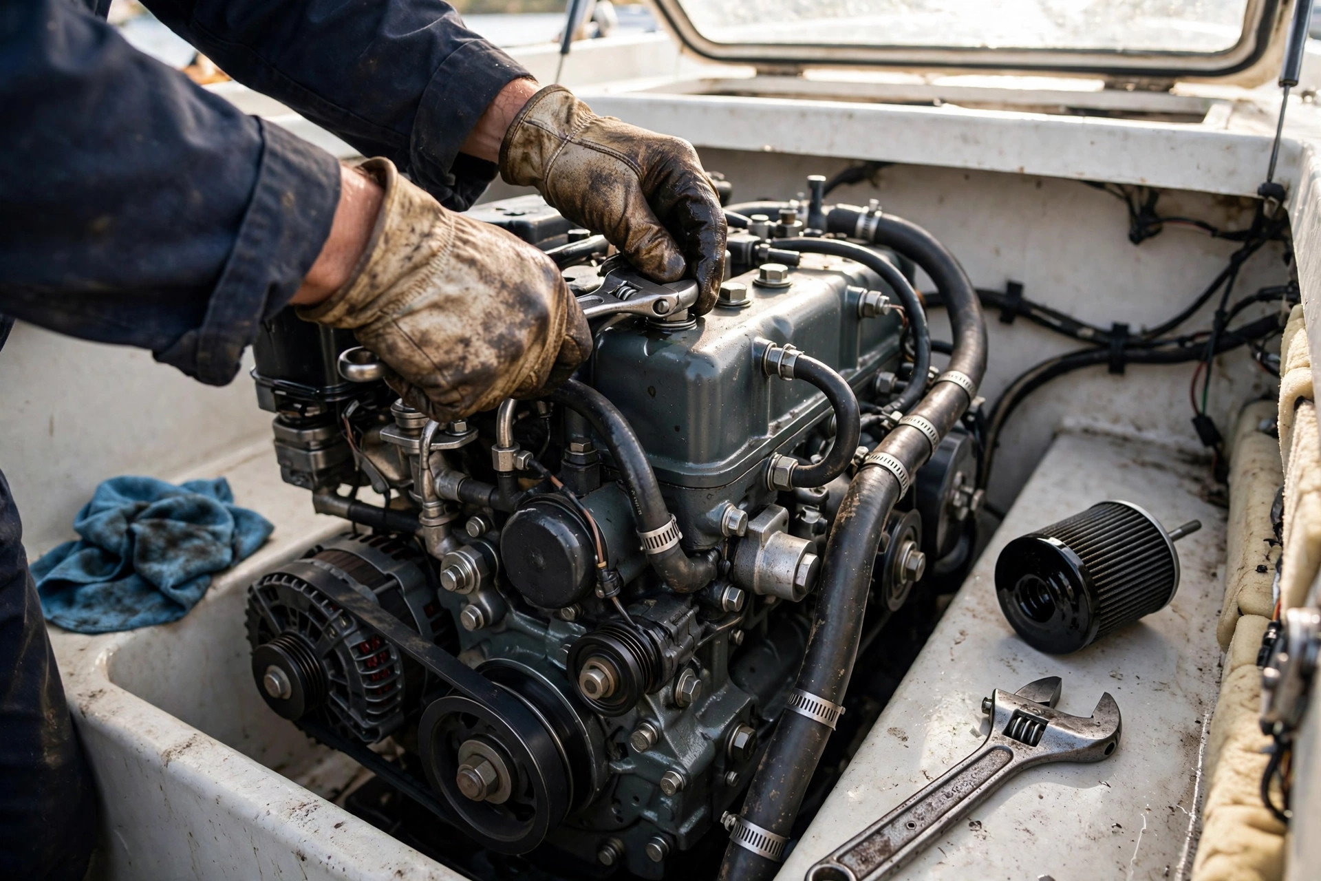 Servicing a boat's diesel engine