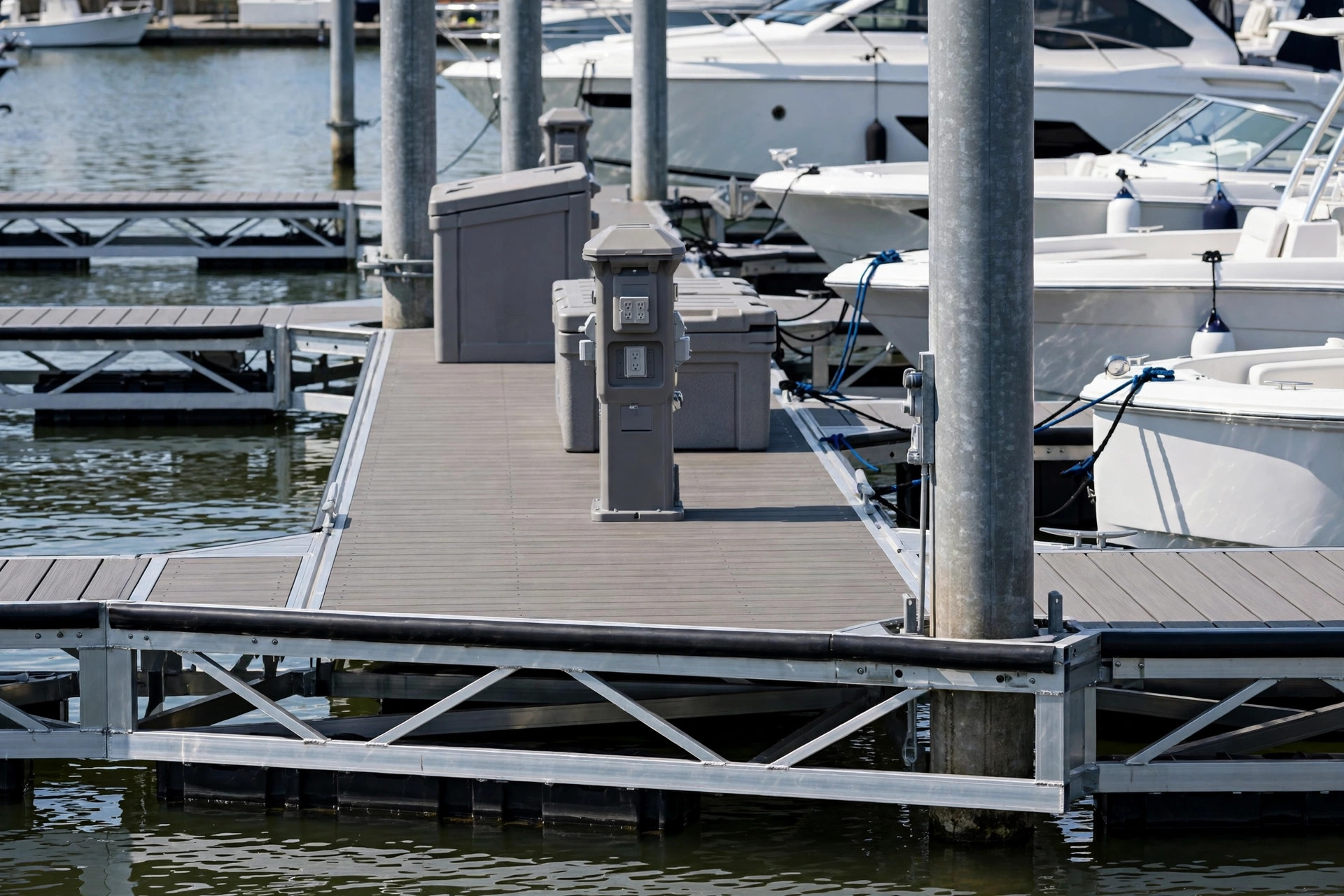 New floating dock infrastructure with steel piles and shore power at a modern marina