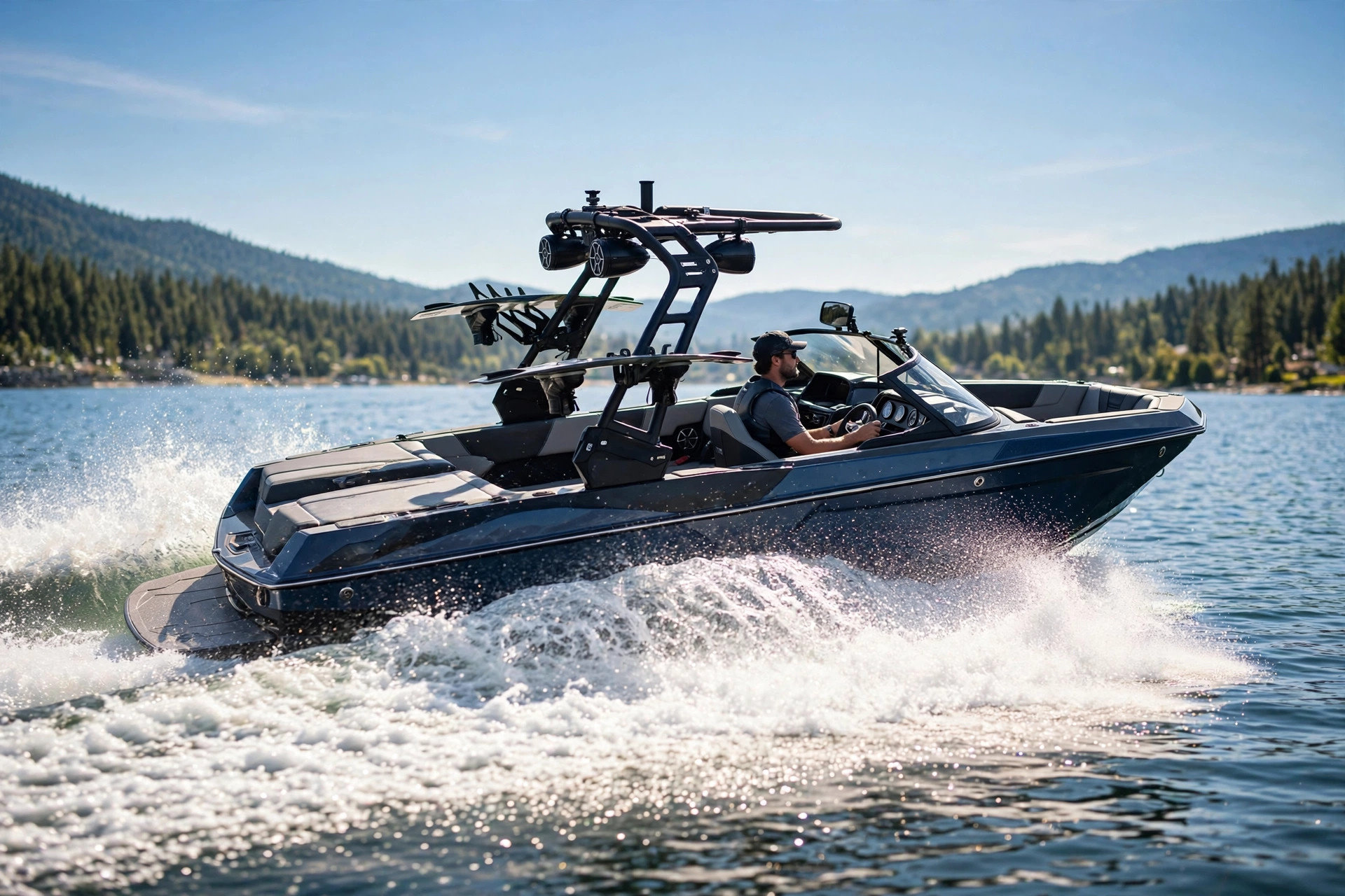 Modern wakeboard boat speeding across a lake leaving a white wake