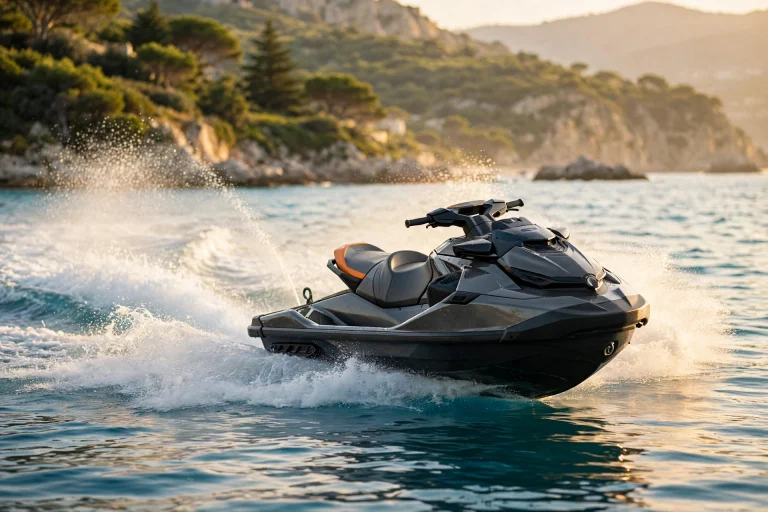 Jet ski speeding across calm water at golden hour
