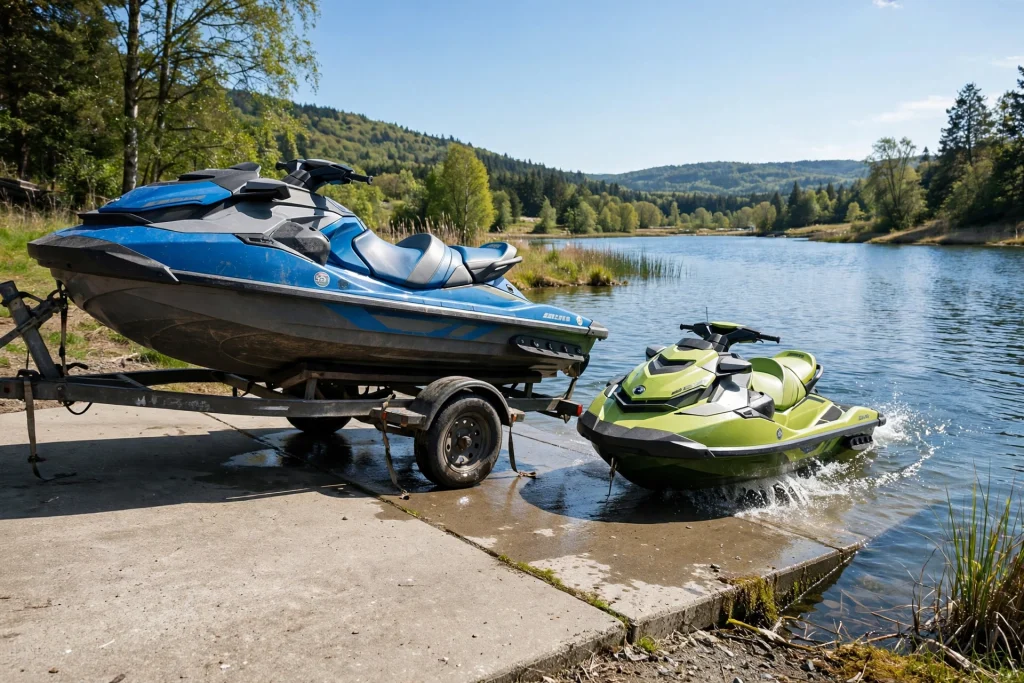 Two jet skis launching from a trailer at a lake boat ramp