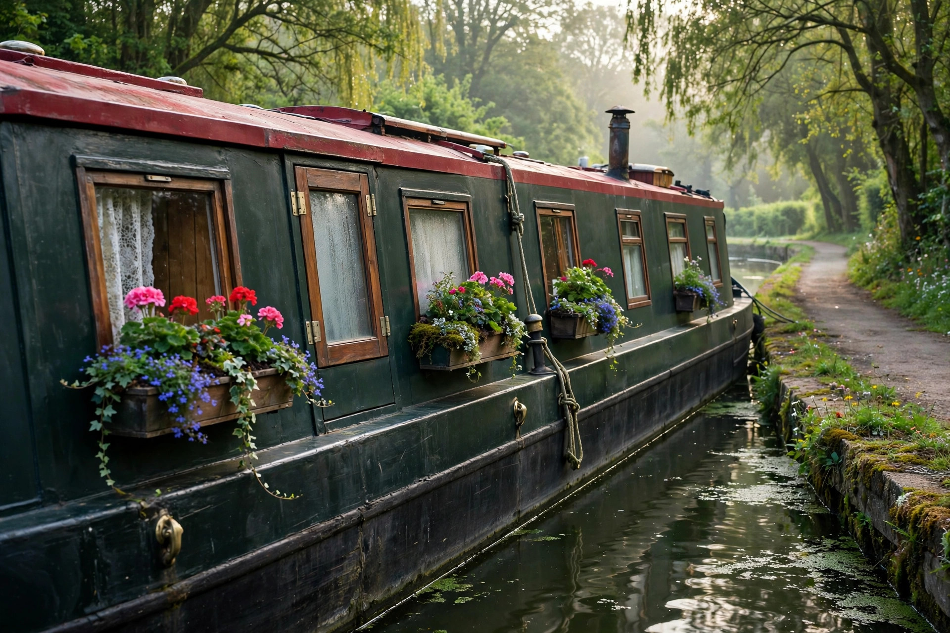 Traditional narrowboat floating home on an English canal