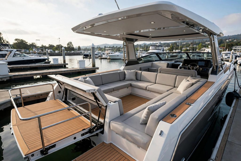 Aft deck of a sport cruiser with sofa seating and side balcony
