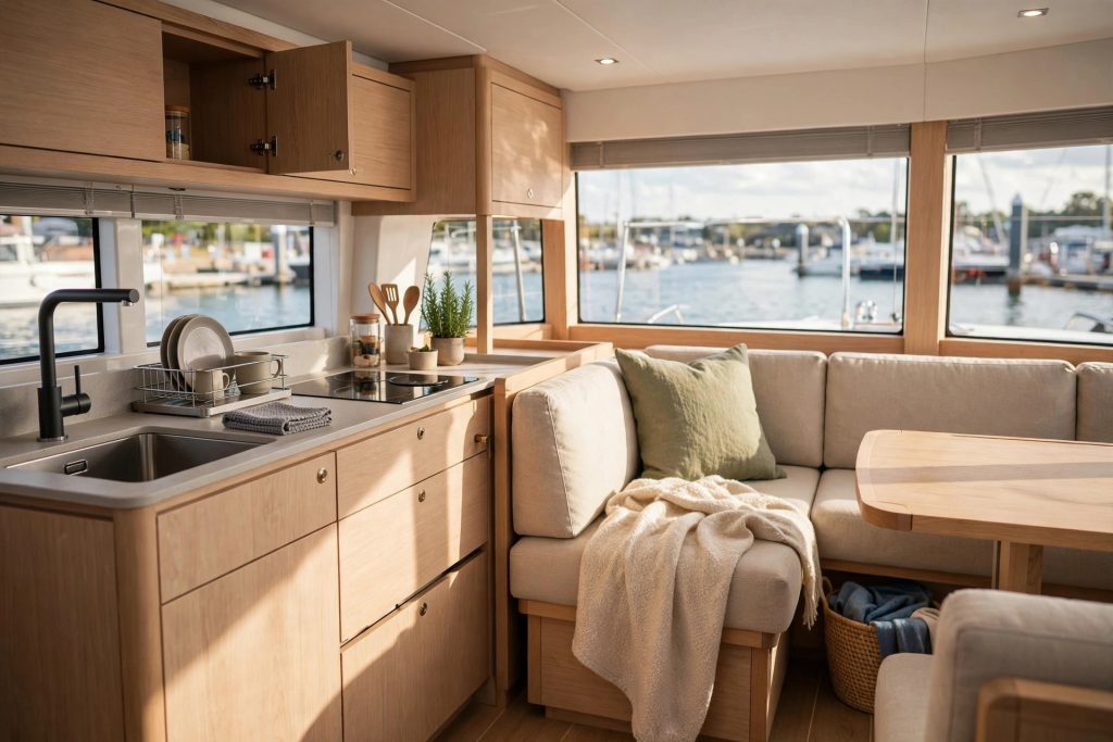 Saloon cabin interior of a modern sport cruiser boat