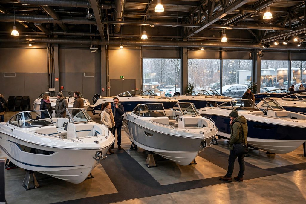 Leisure boats on display at an indoor boat show