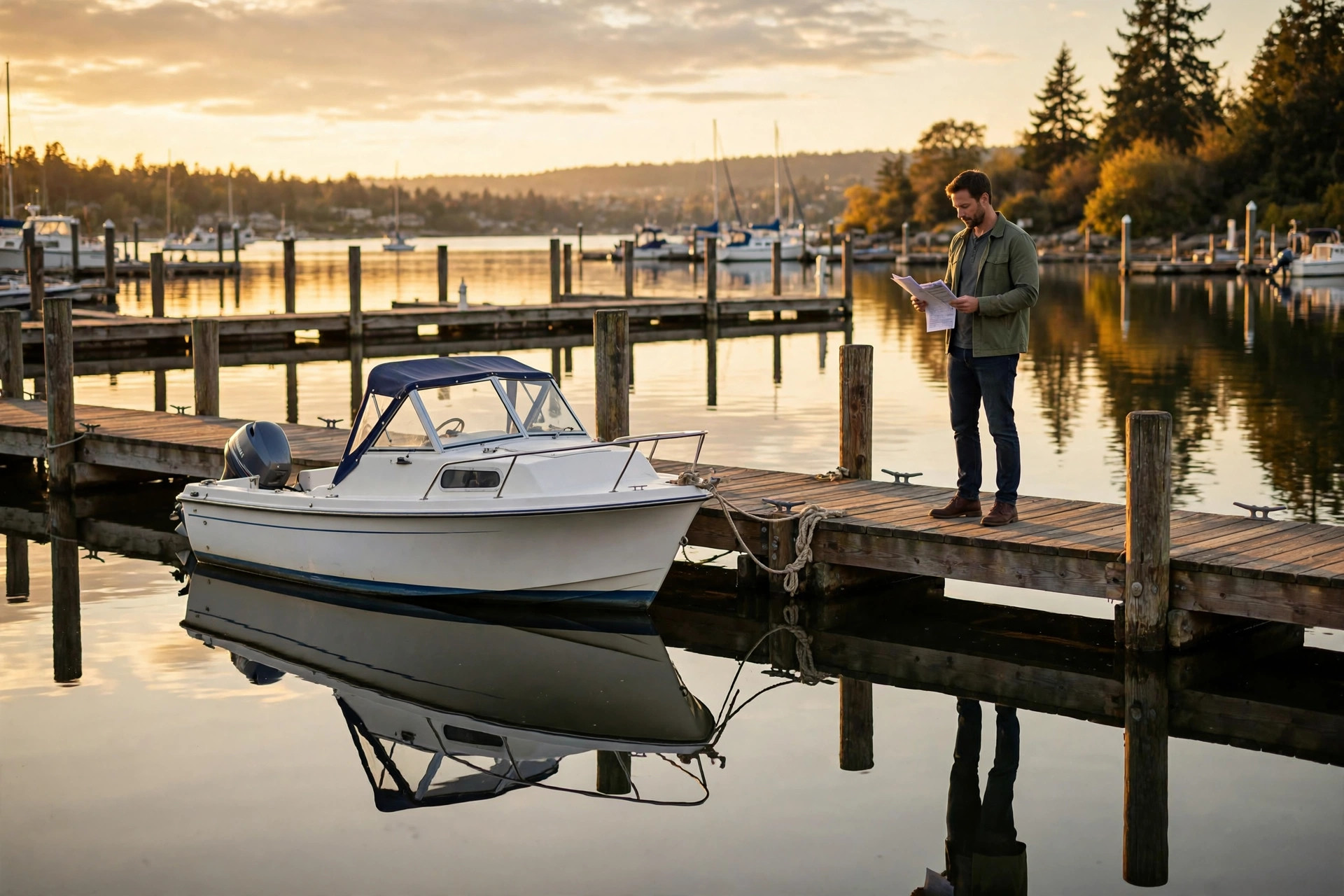 Person holding loan paperwork on a dock beside a motorboat at sunset
