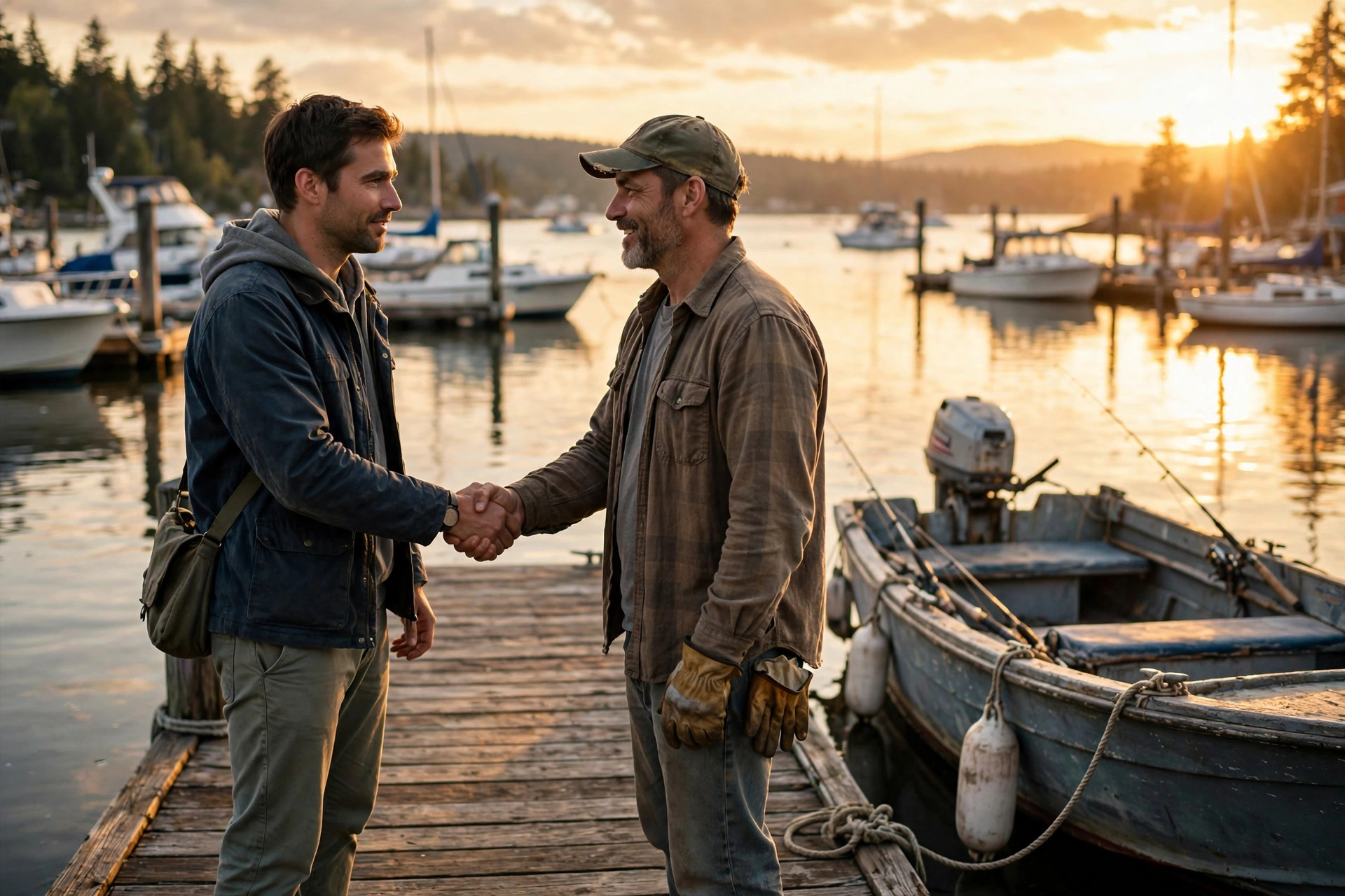 Buyer and seller shaking hands on a dock beside a used motorboat