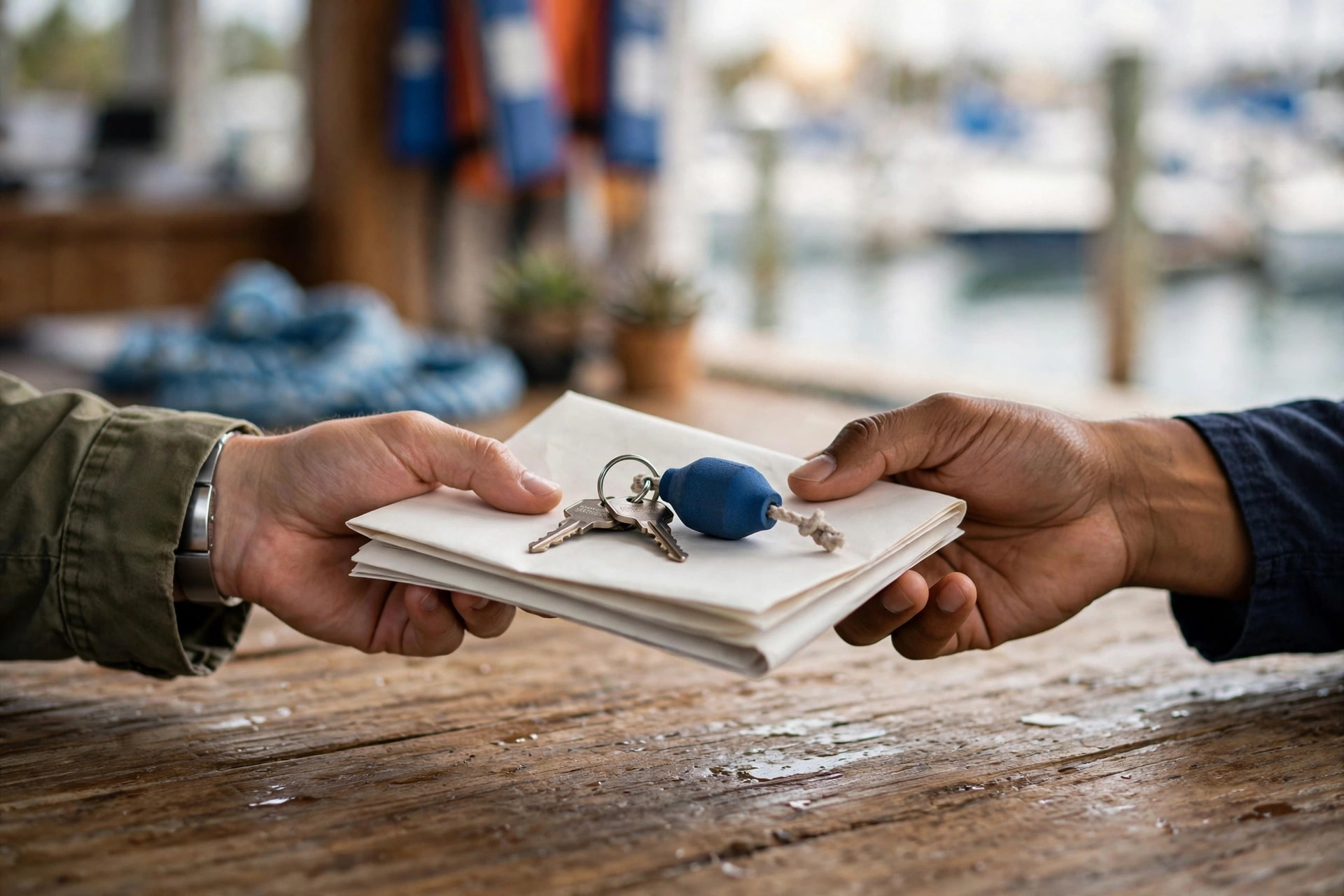 Close-up of hands exchanging boat title documents and keys