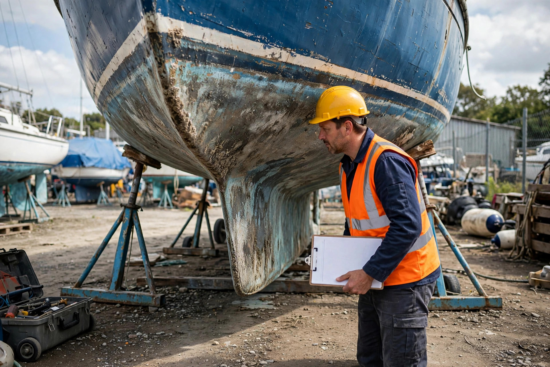 Marine surveyor inspecting the hull of a used boat at a boatyard