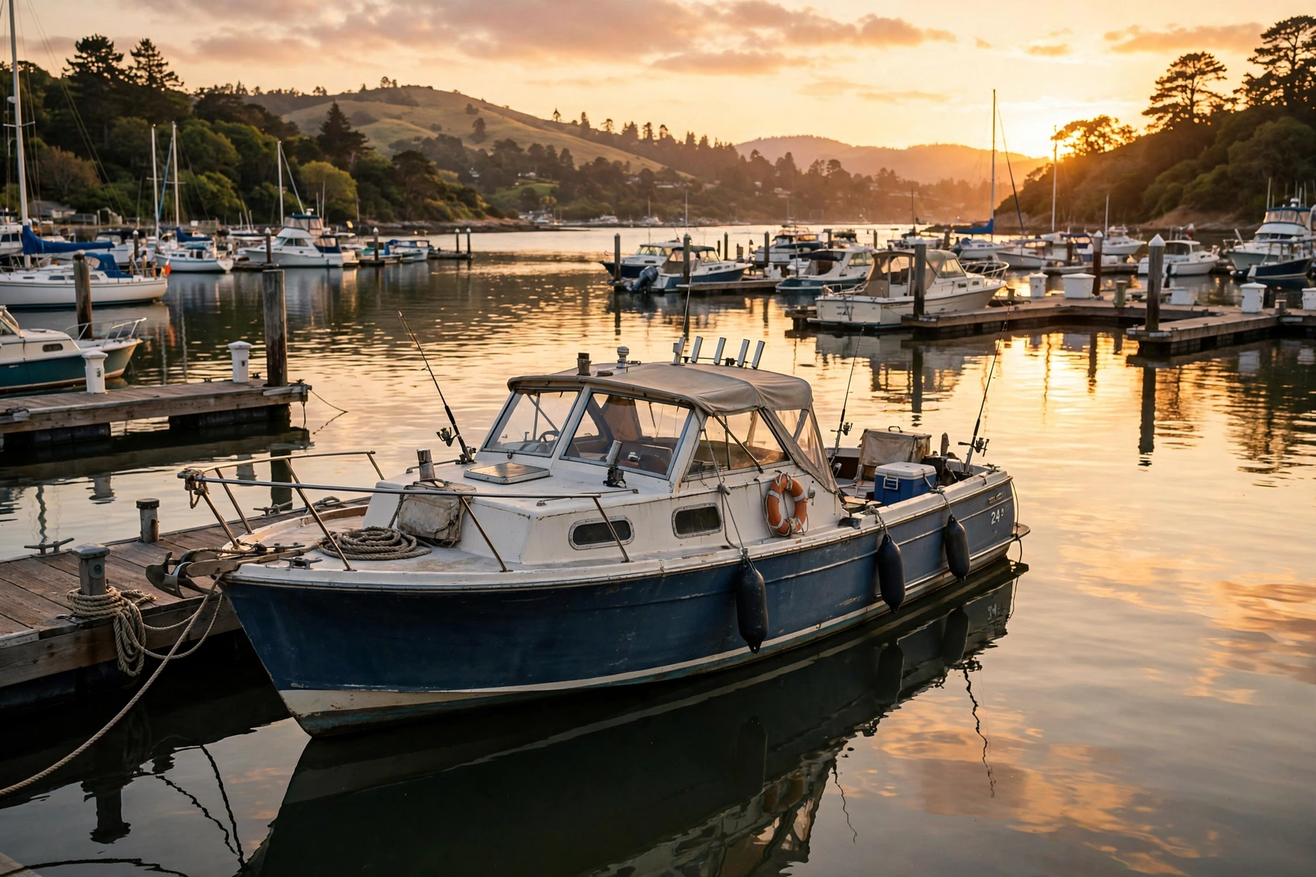 Boat moored at a marina at sunset