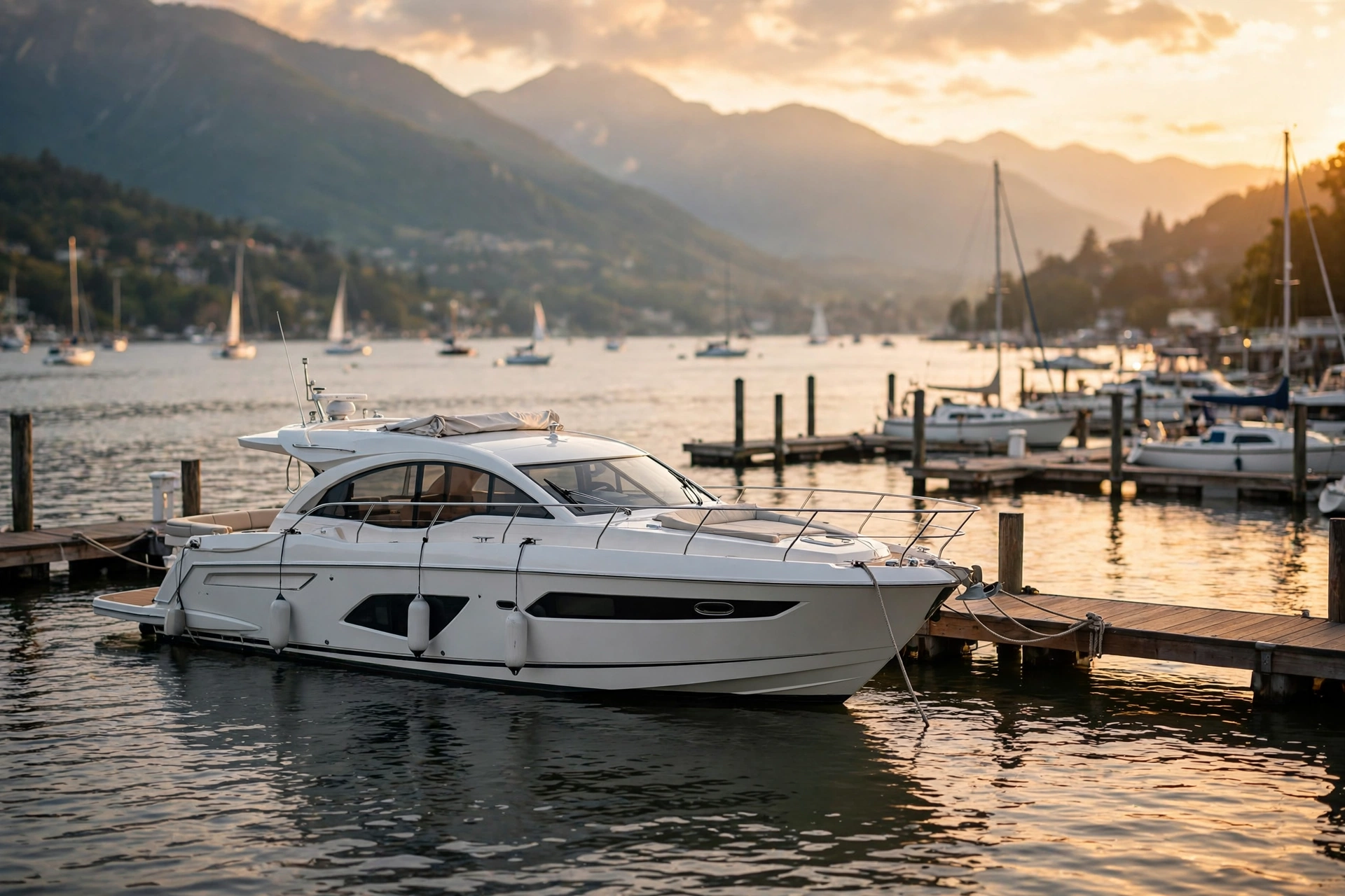 White motorboat docked at a marina at golden hour — boat refinance calculator