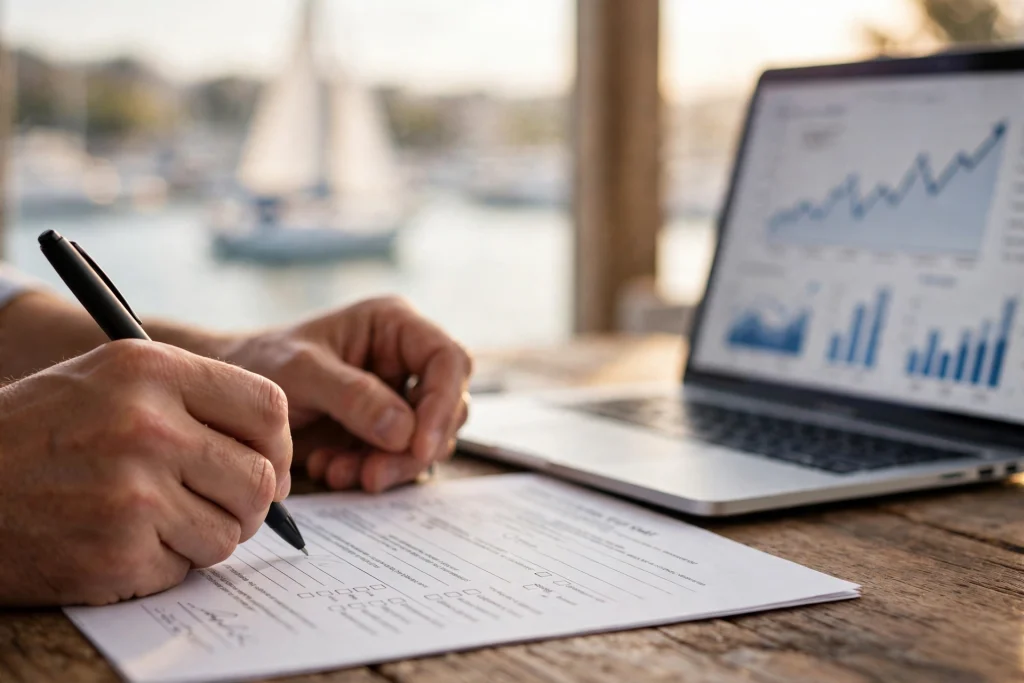 Signing boat loan refinancing paperwork beside a laptop with financial charts