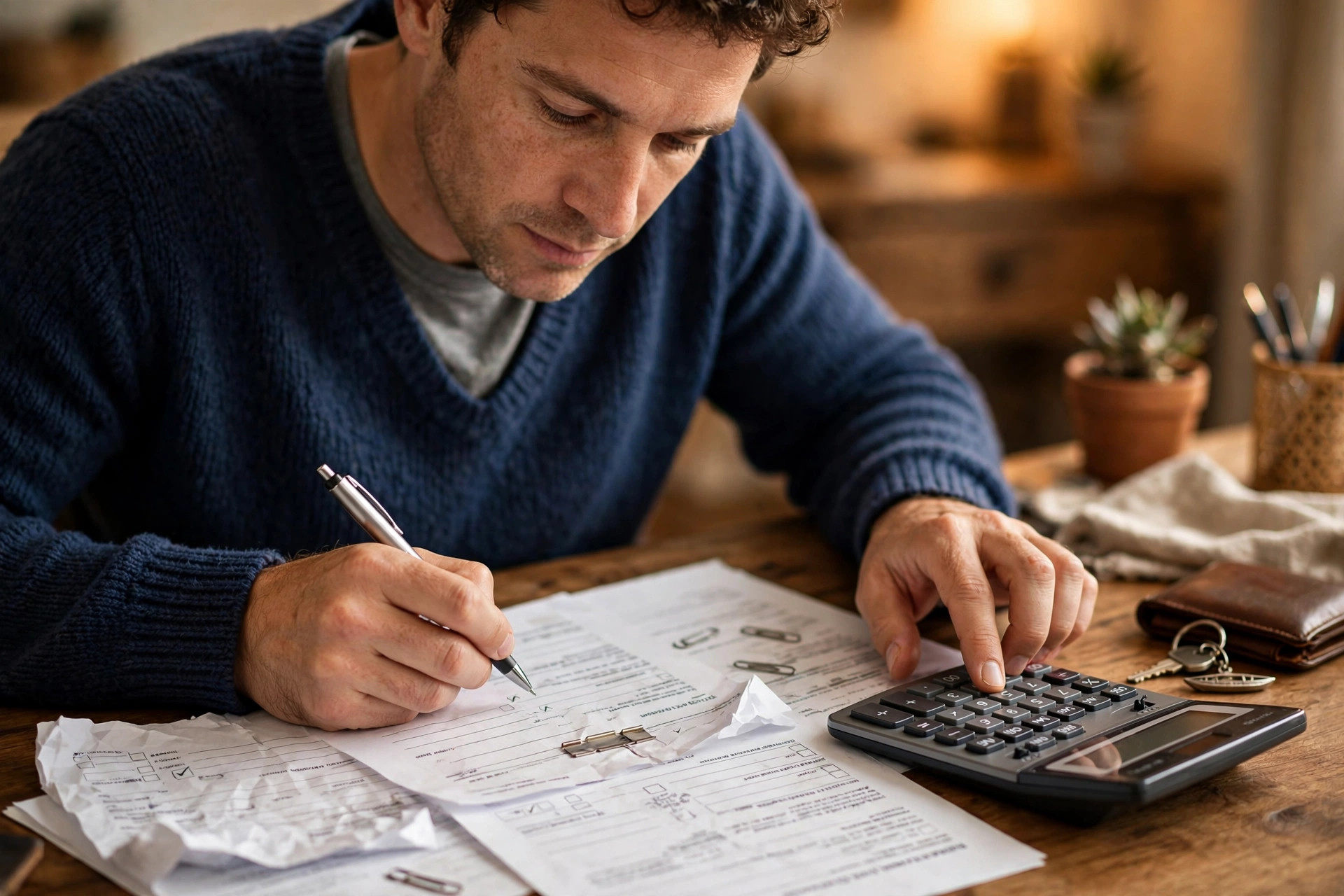 Reviewing boat loan payoff paperwork with a calculator before selling the boat