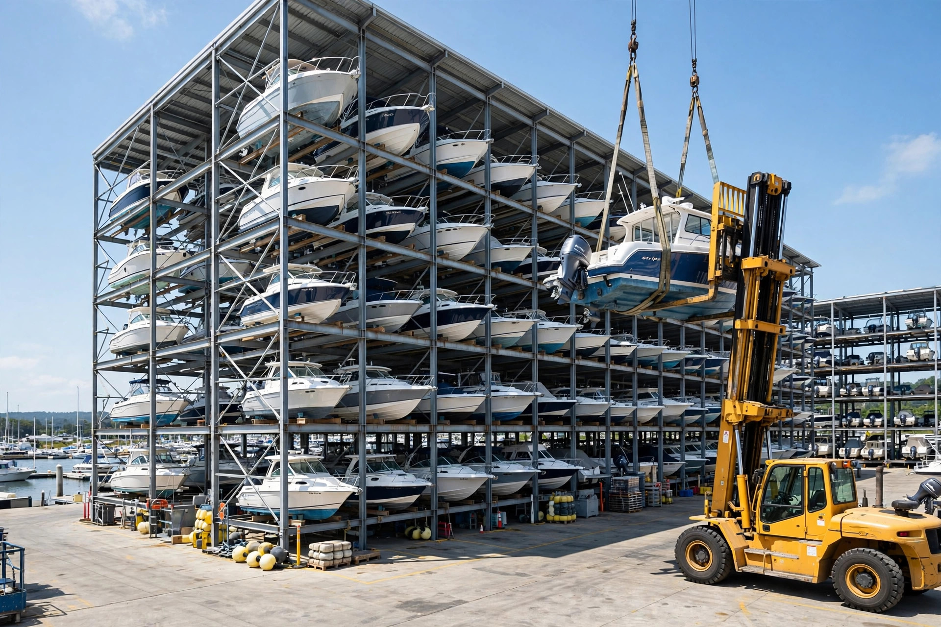 Dry stack boat storage racks at a UK marina
