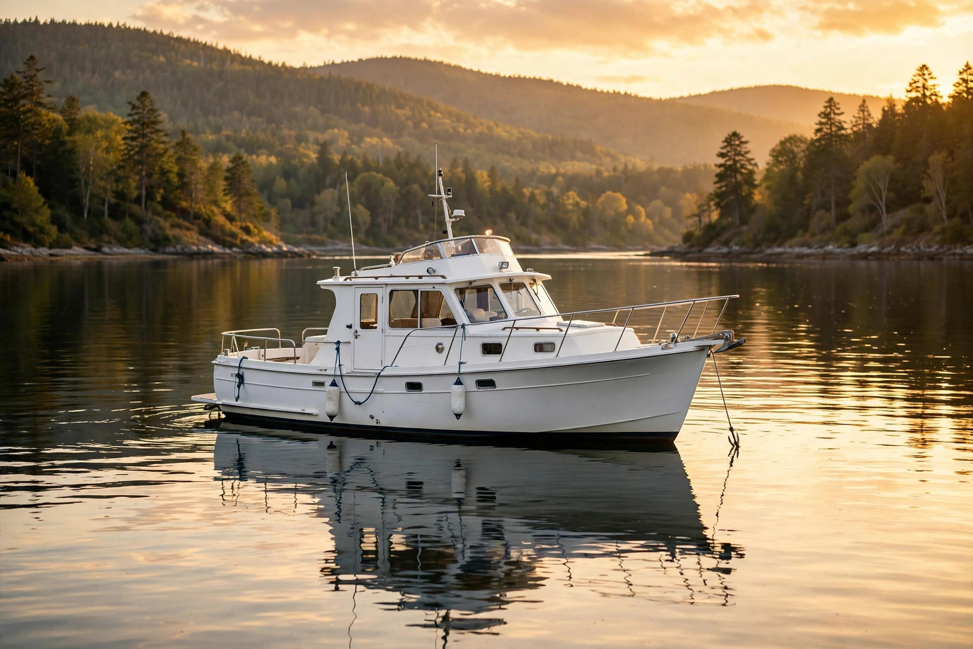 Cabin cruiser boat anchored in a calm bay at golden hour