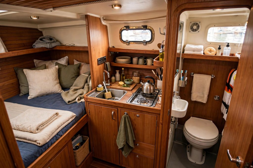 Boat cabin interior showing a sleeping berth, galley, and head