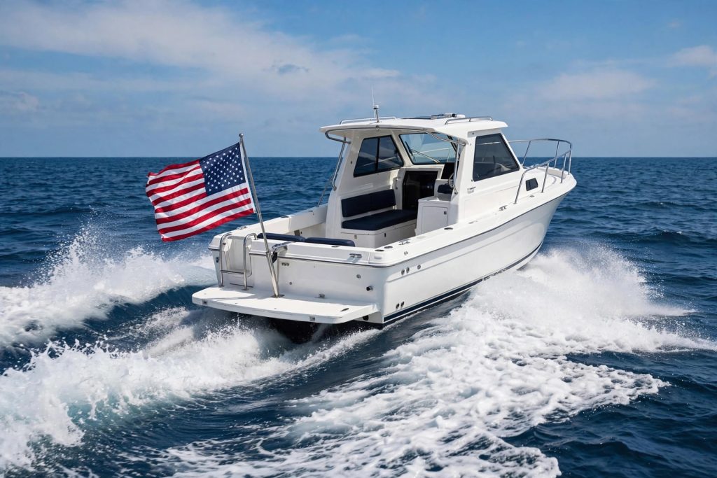 American-made motorboat cruising with a US flag flying from the stern