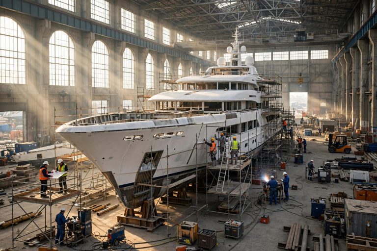 Large superyacht under construction inside an Italian shipyard hall