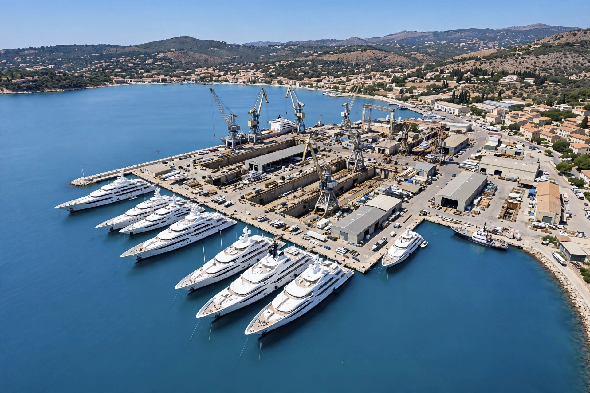 Aerial view of a Mediterranean shipyard with superyachts berthed