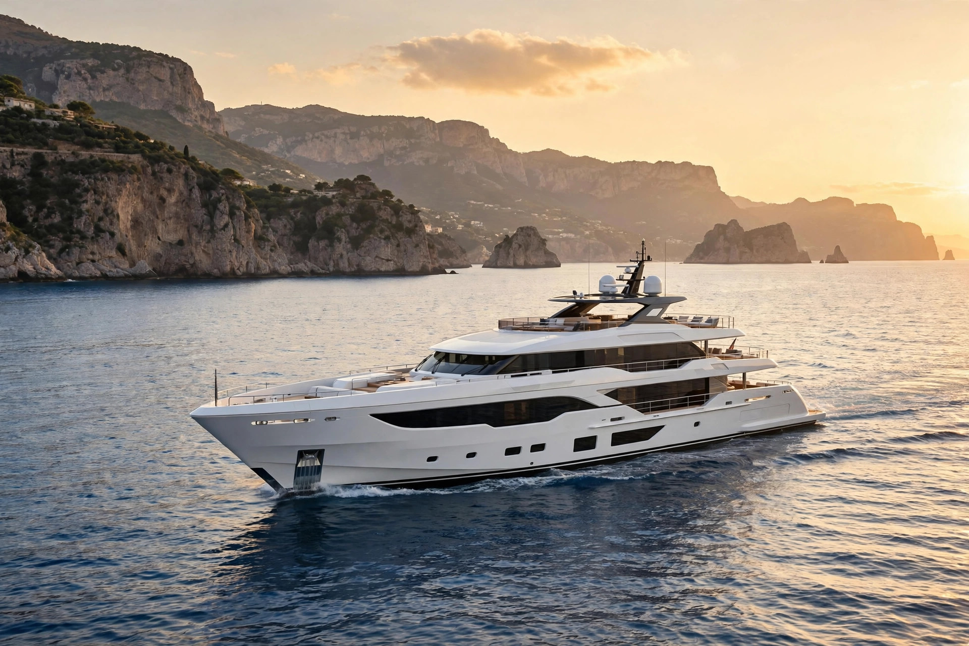 White superyacht cruising near the Italian coast at sunset