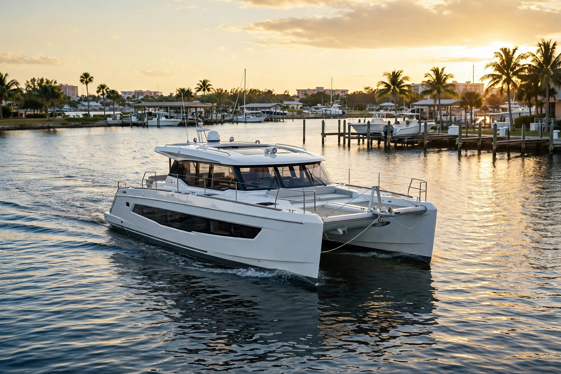 Power catamaran boat cruising near a Florida marina at golden hour