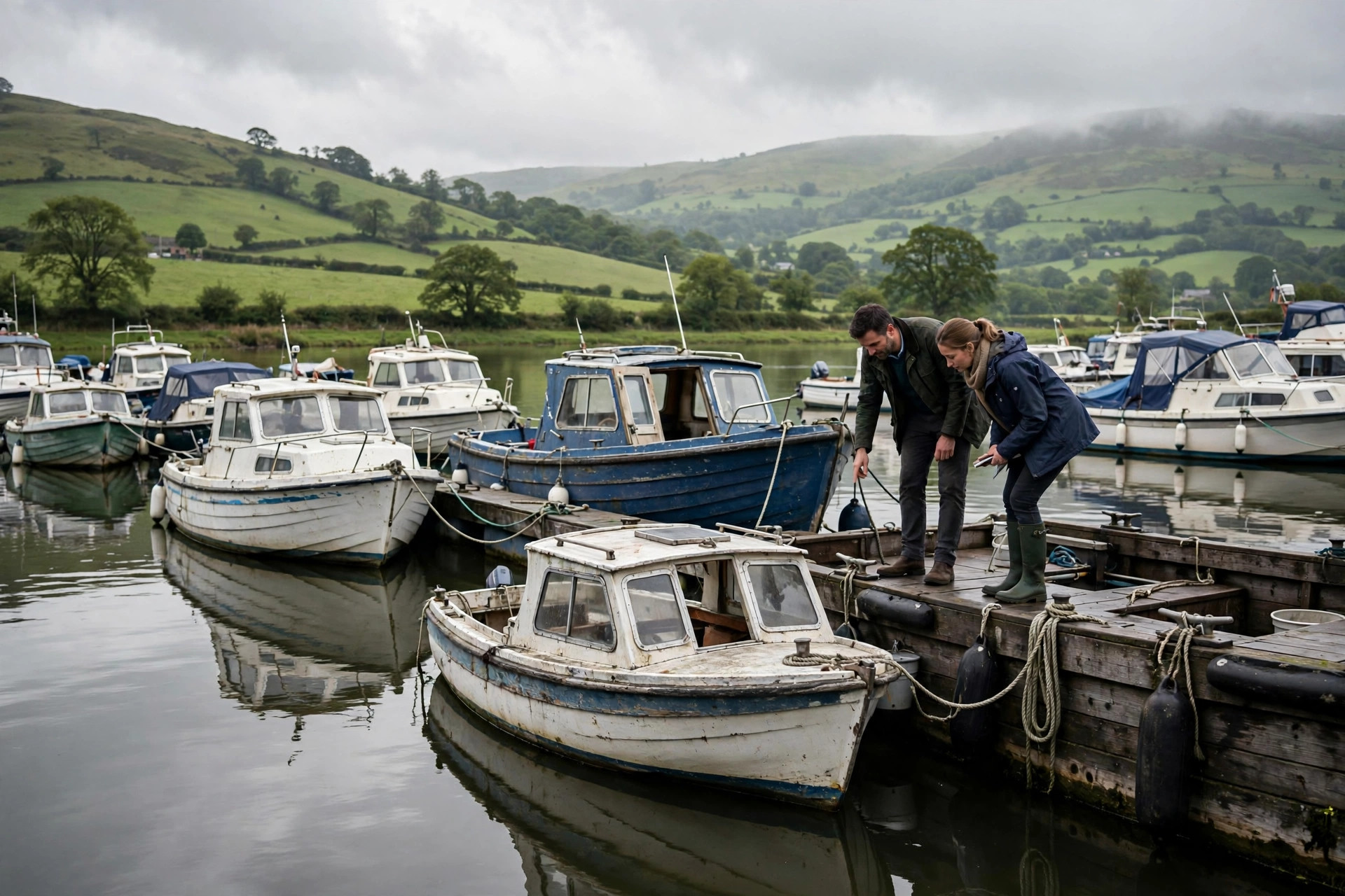 Second-hand motorboats moored at a British marina with green hills behind
