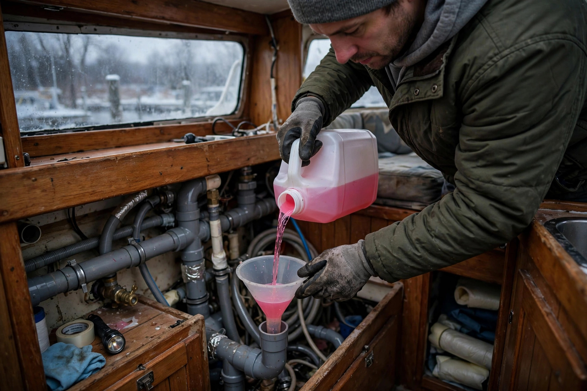 Adding antifreeze to boat water pipes for winter