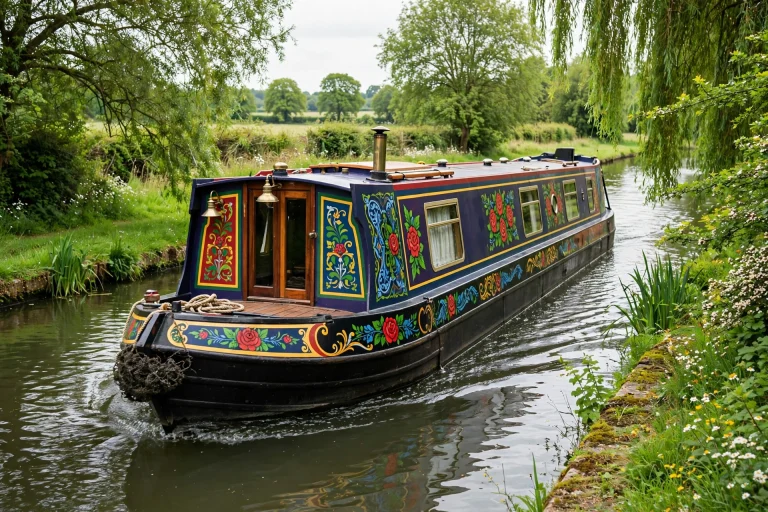 Traditional narrowboat cruising on an English canal